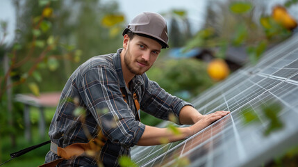 Solar energy in action Technician meticulously installs photovoltaic panels, ensuring renewable power generation. Close up on hands safety gear reflective surfaces Solar innovation and sustainability