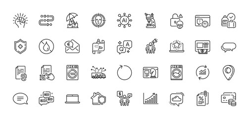 Cloud communication, Methodology and Laptop line icons pack. AI, Question and Answer, Map pin icons. Dryer machine, Tax documents, Cyber attack web icon. Vector