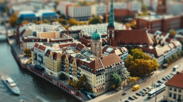 Tilt-shift photography of the Berlin. Top view of the city in postcard style. Miniature houses, streets and buildings