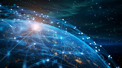 Obraz premium Digital world globe, concept of global network and connectivity on Earth, high speed data transfer and cyber technology, information exchange and international telecommunication