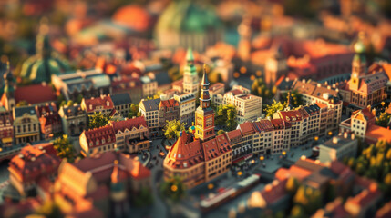 Tilt-shift photography of the Berlin. Top view of the city in postcard style. Miniature houses, streets and buildings - obrazy, fototapety, plakaty