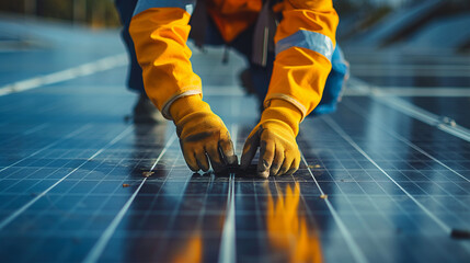 Solar panel maintenance Expert hands adjust photovoltaic units, emphasizing the role of clean energy in modern infrastructure. Innovation, environmental responsibility, and solar energy forefront - obrazy, fototapety, plakaty