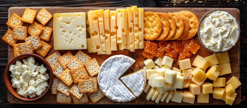 A wooden cutting board topped with a selection of cheese and crackers, creating a simple and appealing snack display.
