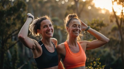 Obraz premium two charming fit women after jogging in the summer park