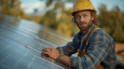 Fototapeta premium Solar worker’s portrait with solar panels, highlighting human element in renewable energy. Expertise, eco-consciousness, and clean technology. Solar journey.