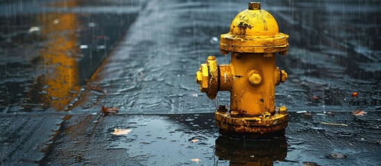 A bright yellow fire hydrant stands on a damp sidewalk, surrounded by wet concrete. The scene showcases a contrast of colors and textures, highlighting the urban infrastructure.