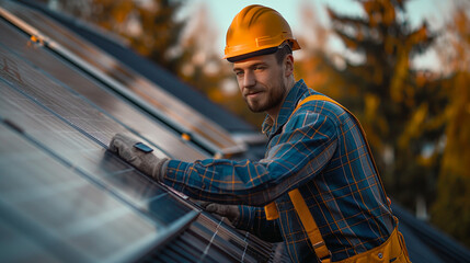 Solar energy deployment solar panels by a technician in safety attire, capturing the essence of sustainable development. Expertise, renewable sources, and ecological impact highlighted. Solar vision