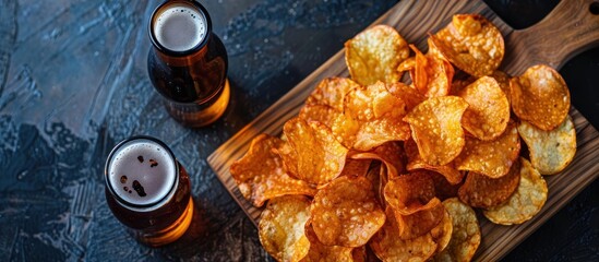 A close-up of a wooden cutting board covered with crispy chips and a frothy beer, ready for a casual snack or gathering.