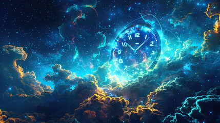clock and time in universe ,dark neon background showing universe is a vast clockwork mechanism, with time as its intricate gears - obrazy, fototapety, plakaty