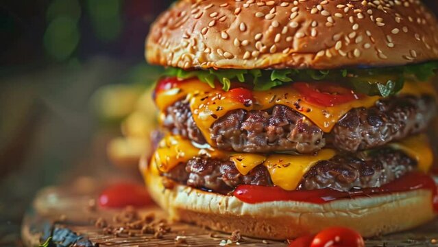 double cheeseburger close up with sesame seed bun, cheese, tomato and fresh lettuce food and restaurant commercial concept Generative AI  