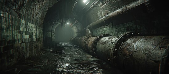 A dark tunnel with rusty pipes running along the walls, leading towards a bright light at the end.