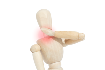 Close-up of a wooden drawing mannequin suffering from sore throat. Red dot as a sign of pain. Concept of discomfort.