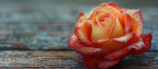 A closeup view of a vibrant red and yellow rose with glitter accents placed on top of a wooden table.