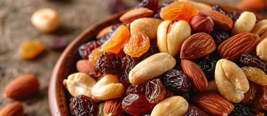 A wooden bowl is filled with a blend of nuts, raisins, and almonds, creating a wholesome and...