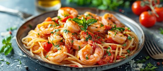 A plate filled with linguine pasta, topped with succulent shrimp and rich tomato sauce.