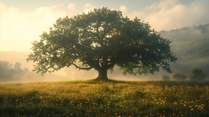 A solitary oak tree stands in a field of wildflowers with rays of sunlight filtering through its branches during a misty morning