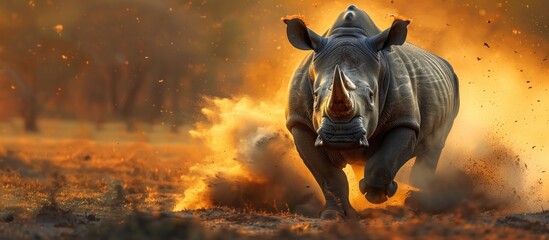 A powerful rhino charges through a field, exhaling flames from its mouth in a display of strength and aggression. - obrazy, fototapety, plakaty
