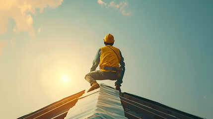 worker on the roof - obrazy, fototapety, plakaty