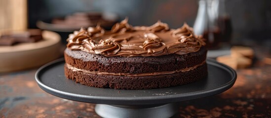 A homemade chocolate cake with rich chocolate frosting elegantly placed on a cake plate.