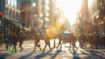 Obraz premium People at a pedestrian crossing. Blurry image of a group of people crossing the street. 