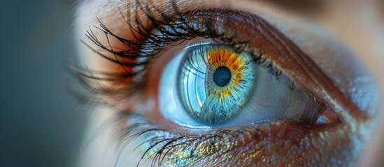 Detailed view of a persons blue eye, showcasing intricate details such as iris, pupil, and...