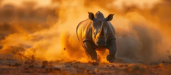 Foto op Canvas A powerful rhino running through a field with yellow smoke billowing behind it. The scene captures the rhinos speed and strength in motion. © FryArt Studio