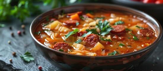 A bowl filled with pasta and sausage soup sits on a wooden table.