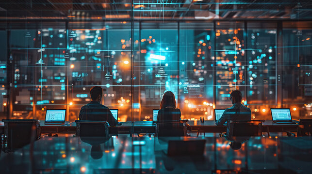 Successful team of office workers in Group, people working and communicating together in creative advanced technology office