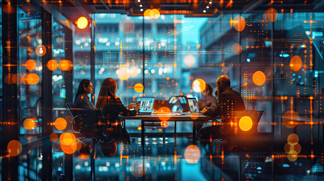 Business executives looking at a computer screen in in office meeting, people working and communicating together in creative advanced technology office