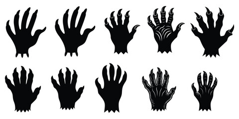 Halloween set of hands silhouettes with claws with twisted fingers vector isolated on white background - obrazy, fototapety, plakaty