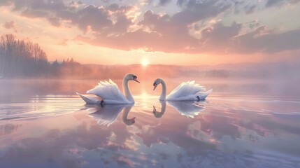 Swans in love at misty lake sunrise