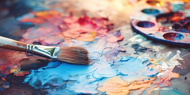 Mixing colors. Paint brush and oil paint or acrylic paint, on a pallette. Blue paint with depth of field. Creative concept.