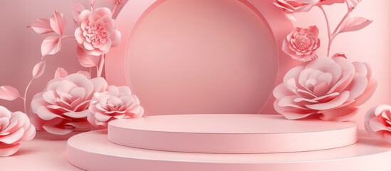 product display pink background. Floral arch and paper flowers