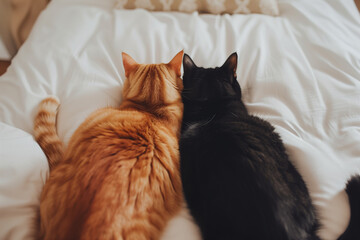 Two red and black cats on the bed