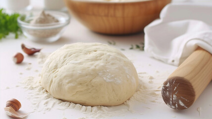 Fototapeta na wymiar Dough in flour on a white table