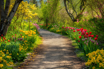 Fototapeta na wymiar Green park with tulips in spring