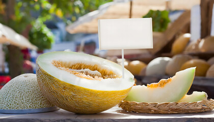 Melon half and slice in bazaar with empty price signboard to text, selective focus