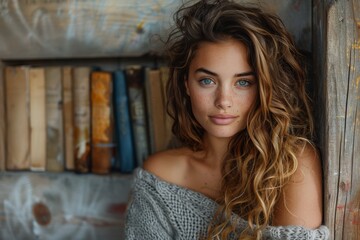 Fototapeta premium Casual portrait of a young woman with long wavy hair sitting among books