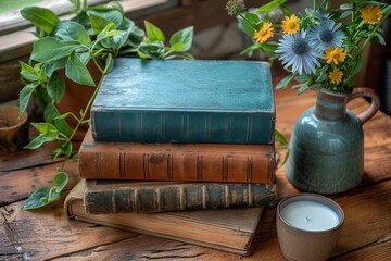 An intimate setting of classic literature, a stack of time-worn books with fresh wildflowers and a lit candle