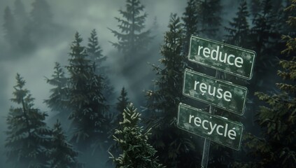 A Reduce, Reuse, Recycle sign emerges from the mist of a forest, its message aligning with Earth Day's principles of conservation and responsible environmental stewardship.