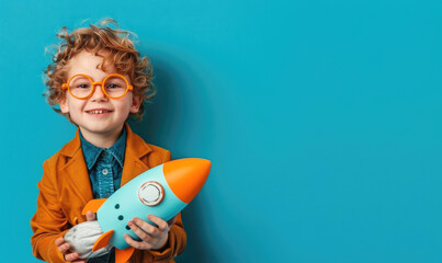 A cute little boy with a spaceship in his hands - obrazy, fototapety, plakaty