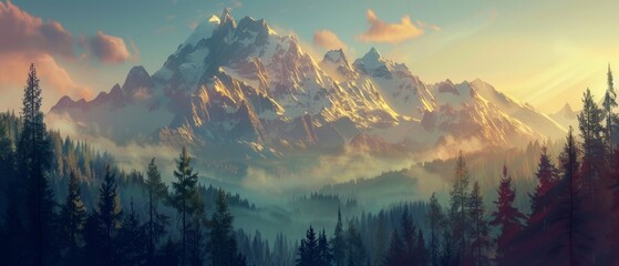Enchanting sunset over majestic mountains with misty forest, suitable for tranquil and scenic backgrounds - obrazy, fototapety, plakaty