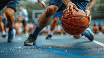 A group of men engaged in a lively game of basketball at an outdoor court. Dribbling, passing, shooting, and defending as they compete in the game - obrazy, fototapety, plakaty