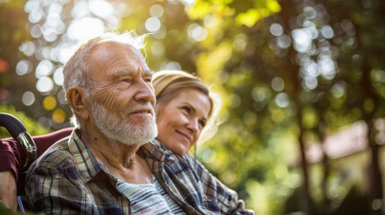 An older man and a younger woman sitting together in a wheelchair, possibly family members or caregivers