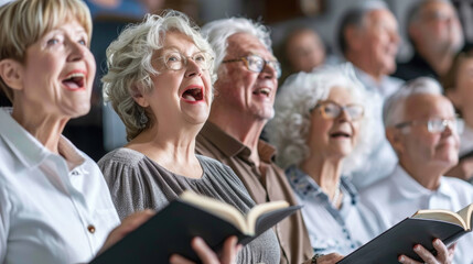 A choir of elderly individuals singing together in harmony, showcasing unity and musical collaboration
