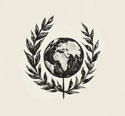 An artistic black and white sketch of the Earth encircled by a laurel wreath, denoting the global triumphs in environmental protection and the spirit of Earth Day.