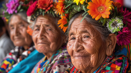 Fototapeta premium A group of elderly indigenous women donning vibrant floral crowns and traditional garments share a moment of joy with warm smiles