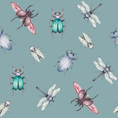 Watercolor pattern with beetles.Wallpaper,wrapping paper design