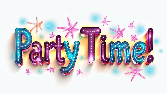 Funky neon Sign saying 'Lets Party! with sparkles on a white background, Graphic illustration