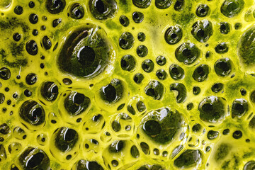 Macro view of leafy greens smoothie surface, blended green drink close-up
